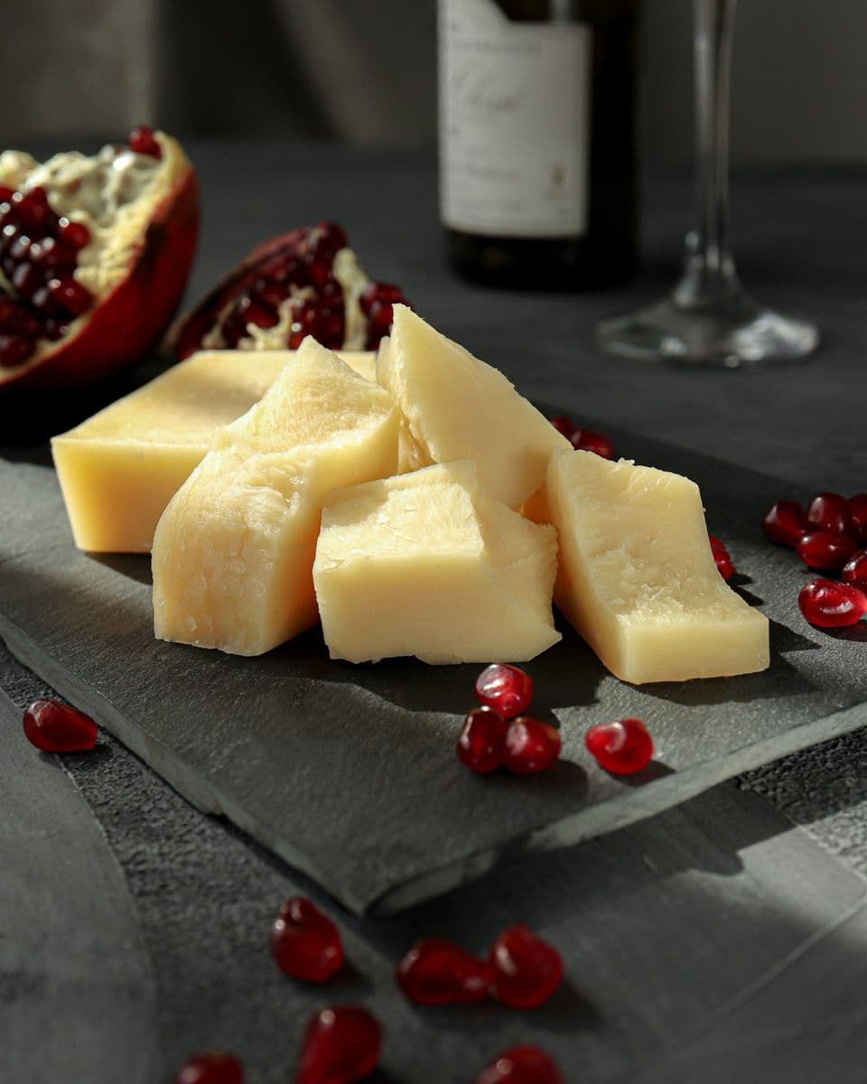 Pieces of cheese on slate next to pomegranate seeds